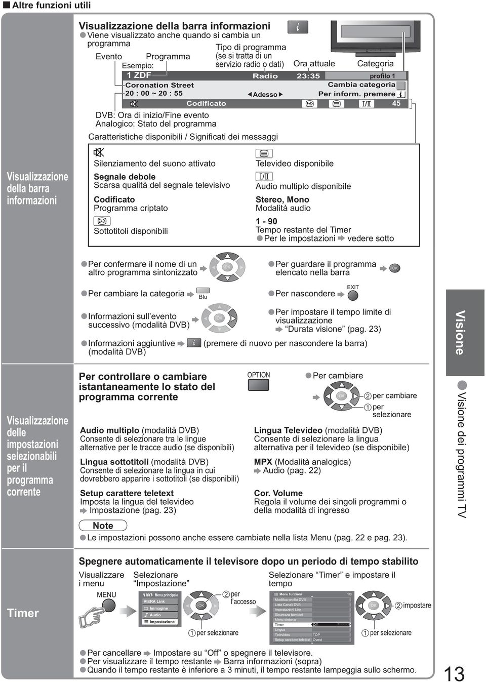 premere Codificato DVB: Ora di inizio/fine evento Analogico: Stato del programma Caratteristiche disponibili / Signi cati dei messaggi Ora attuale Categoria 45 Visualizzazione della barra