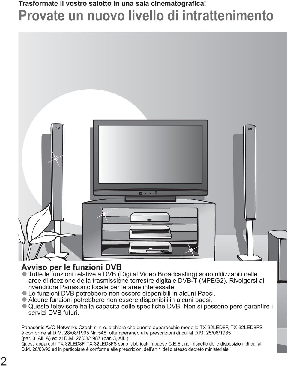 terrestre digitale DVB-T (MPEG2). Rivolgersi al rivenditore Panasonic locale per le aree interessate. Le funzioni DVB potrebbero non essere disponibili in alcuni Paesi.