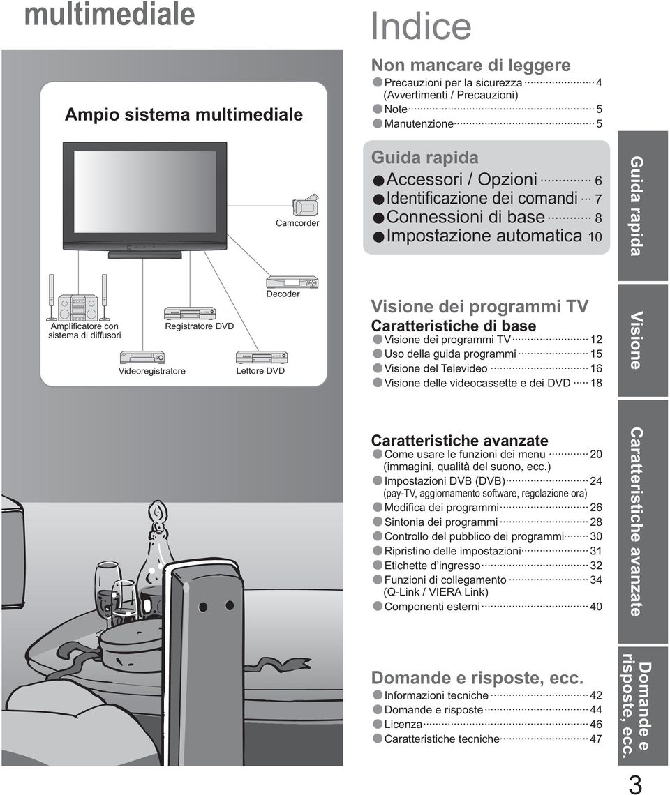 programmi TV Caratteristiche di base Visione dei programmi TV 12 Uso della guida programmi 15 Visione del Televideo 16 Visione delle videocassette e dei DVD 18 Caratteristiche avanzate Come usare le