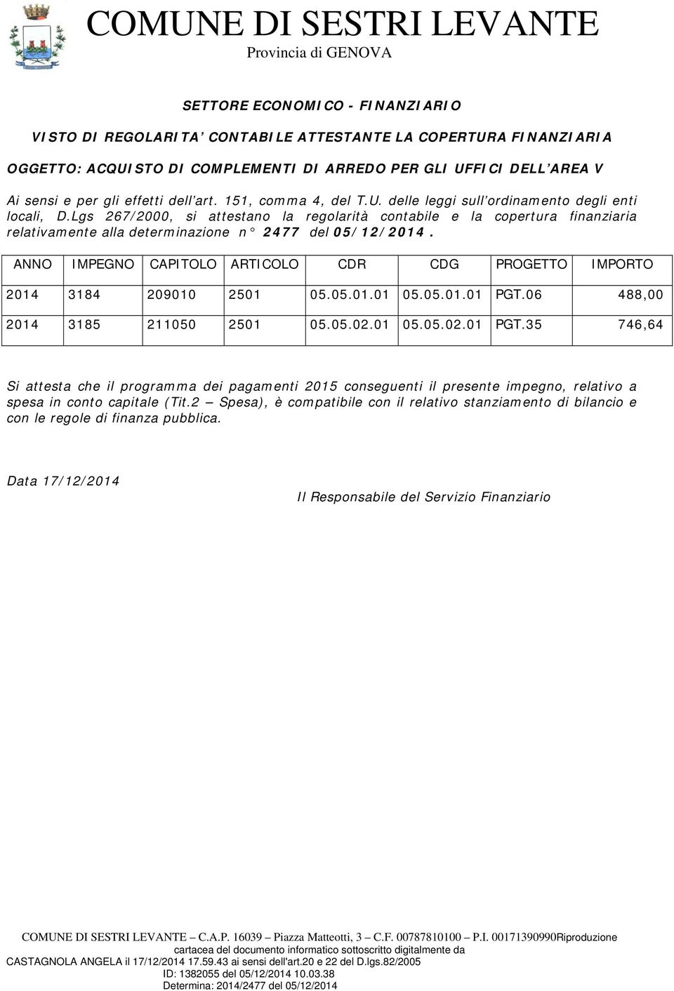 Lgs 267/2000, si attestano la regolarità contabile e la copertura finanziaria relativamente alla determinazione n 2477 del 05/12/2014.