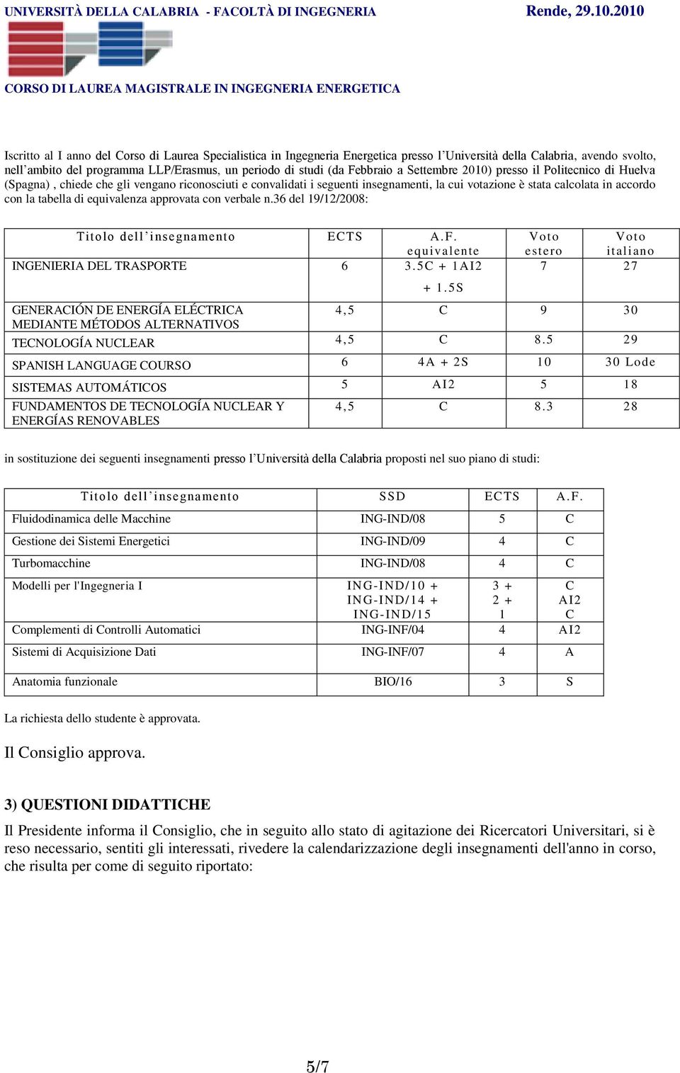 equivalenza approvata con verbale n.36 del 19/12/2008: Tito lo dell insegnamento ETS A.F. equivalente INGENIERIA DEL TRASPORTE 6 3.5 + 1 AI2 + 1.