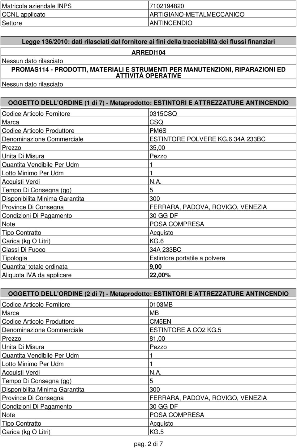 DELL'ORDINE (1 di 7) - Metaprodotto: ESTINTORI E ATTREZZATURE ANTINCEIO 0315CSQ CSQ PM6S ESTINTORE POLVERE KG.6 34A 233BC Prezzo 35,00 KG.