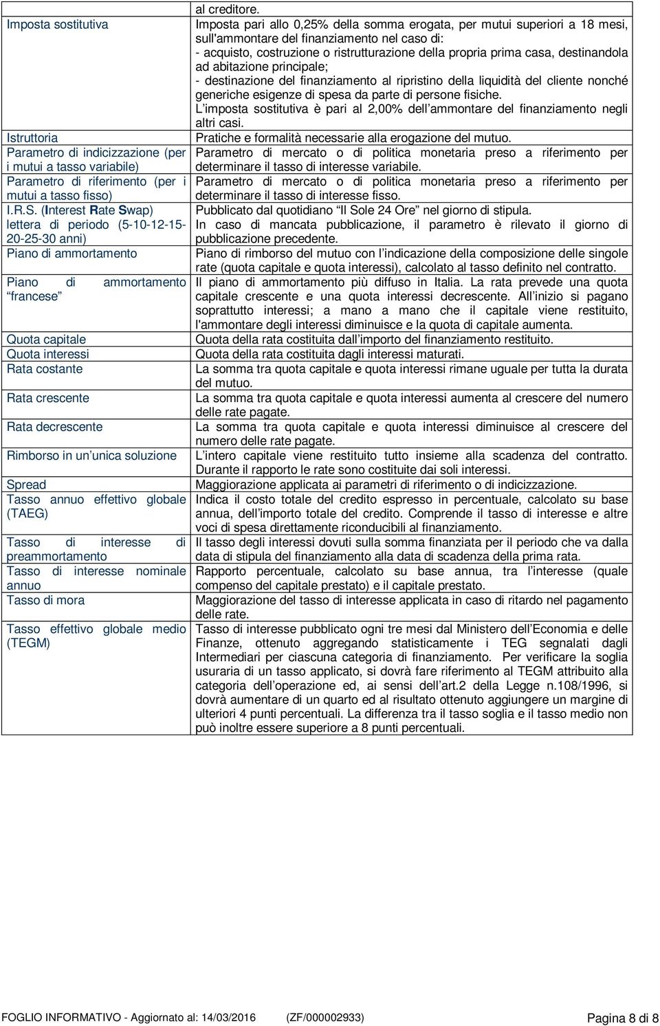 casa, destinandola ad abitazione principale; - destinazione finanziamento al ripristino la liquidità cliente nonché generiche esigenze di spesa da parte di persone fisiche.