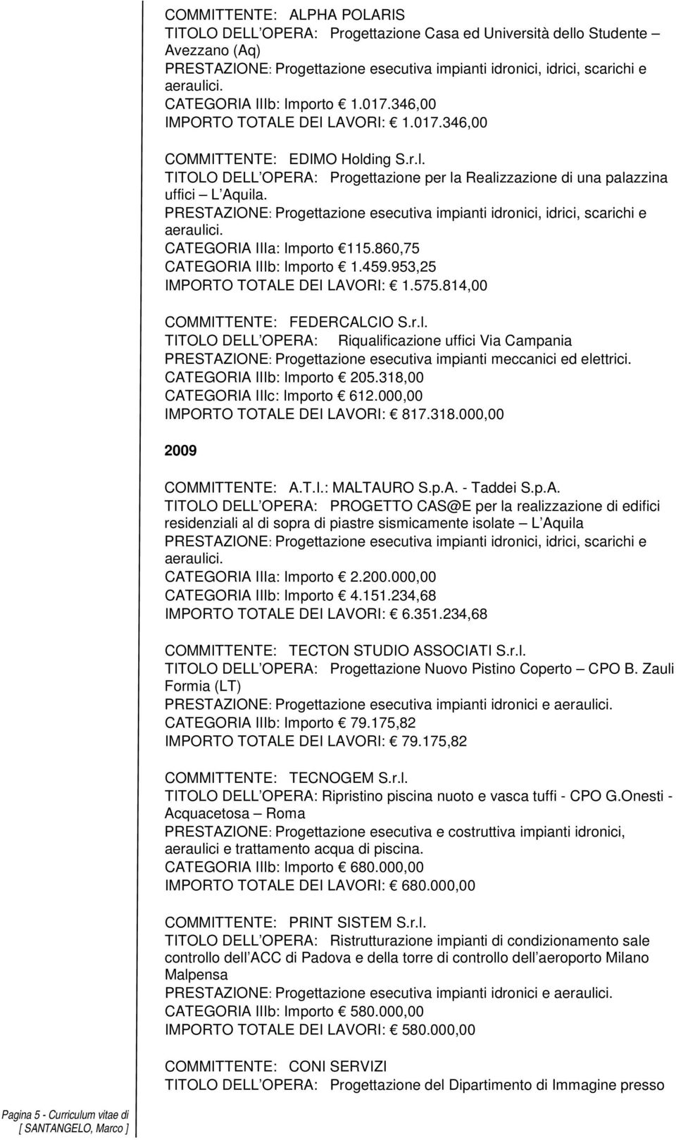 814,00 COMMITTENTE: FEDERCALCIO S.r.l. TITOLO DELL OPERA: Riqualificazione uffici Via Campania PRESTAZIONE: Progettazione esecutiva impianti meccanici ed CATEGORIA IIIb: Importo 205.