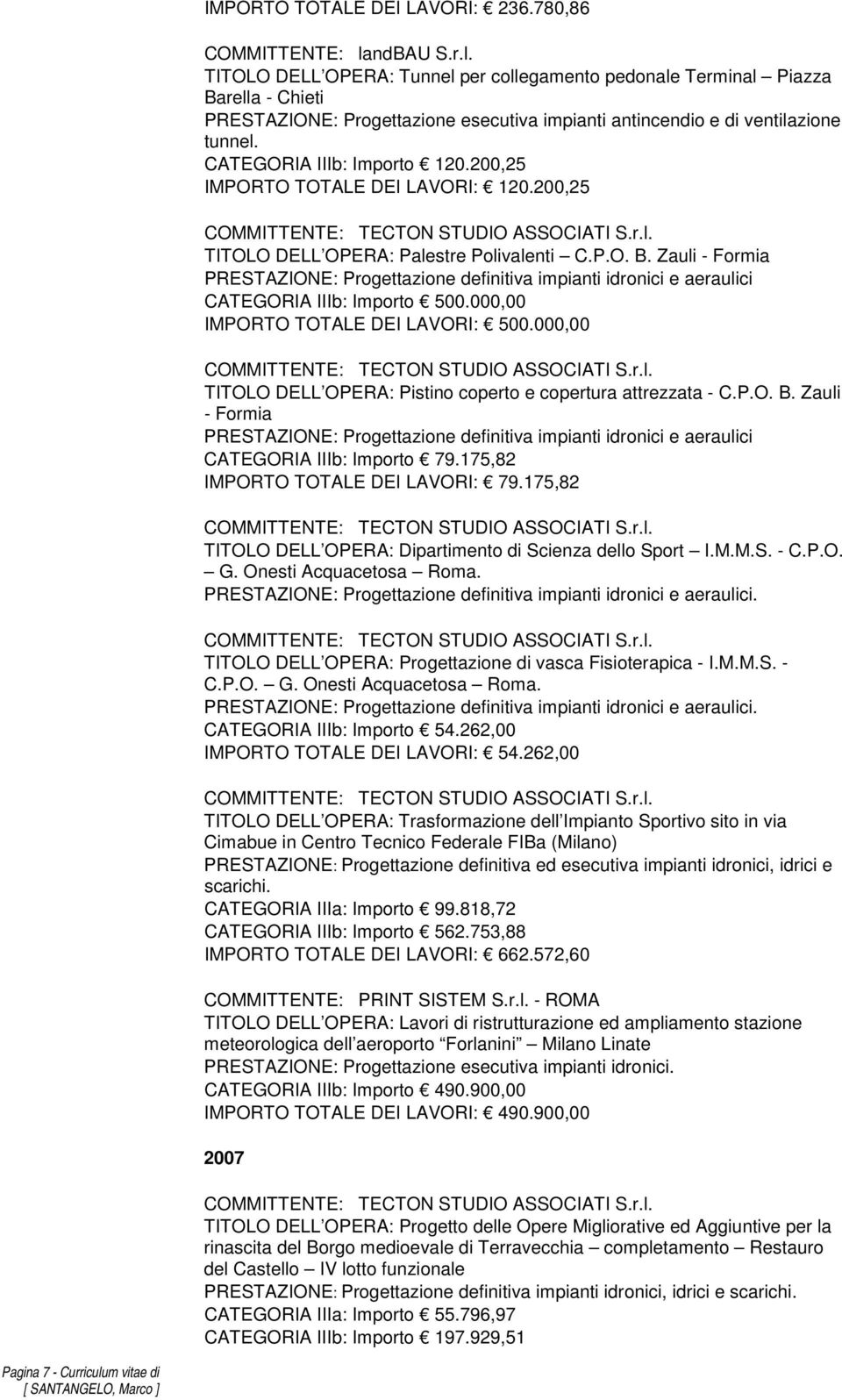 CATEGORIA IIIb: Importo 120.200,25 IMPORTO TOTALE DEI LAVORI: 120.200,25 TITOLO DELL OPERA: Palestre Polivalenti C.P.O. B.