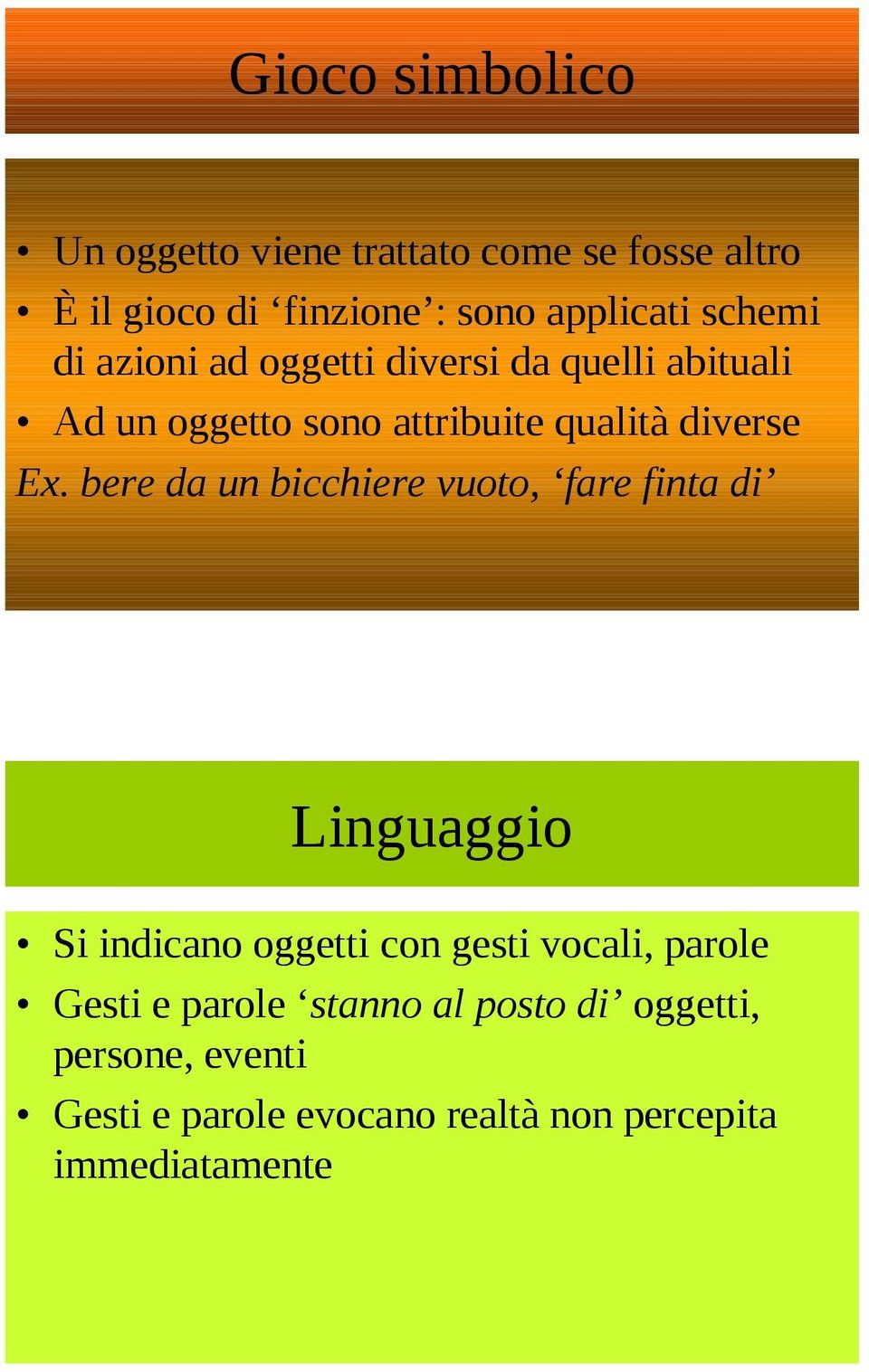 bere da un bicchiere vuoto, fare finta di Linguaggio Si indicano oggetti con gesti vocali, parole Gesti e