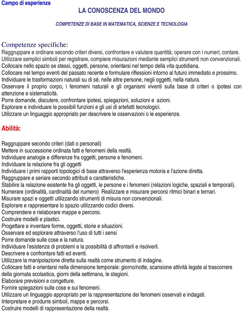 Collocare nello spazio se stessi, oggetti, persone, orientarsi nel tempo della vita quotidiana.