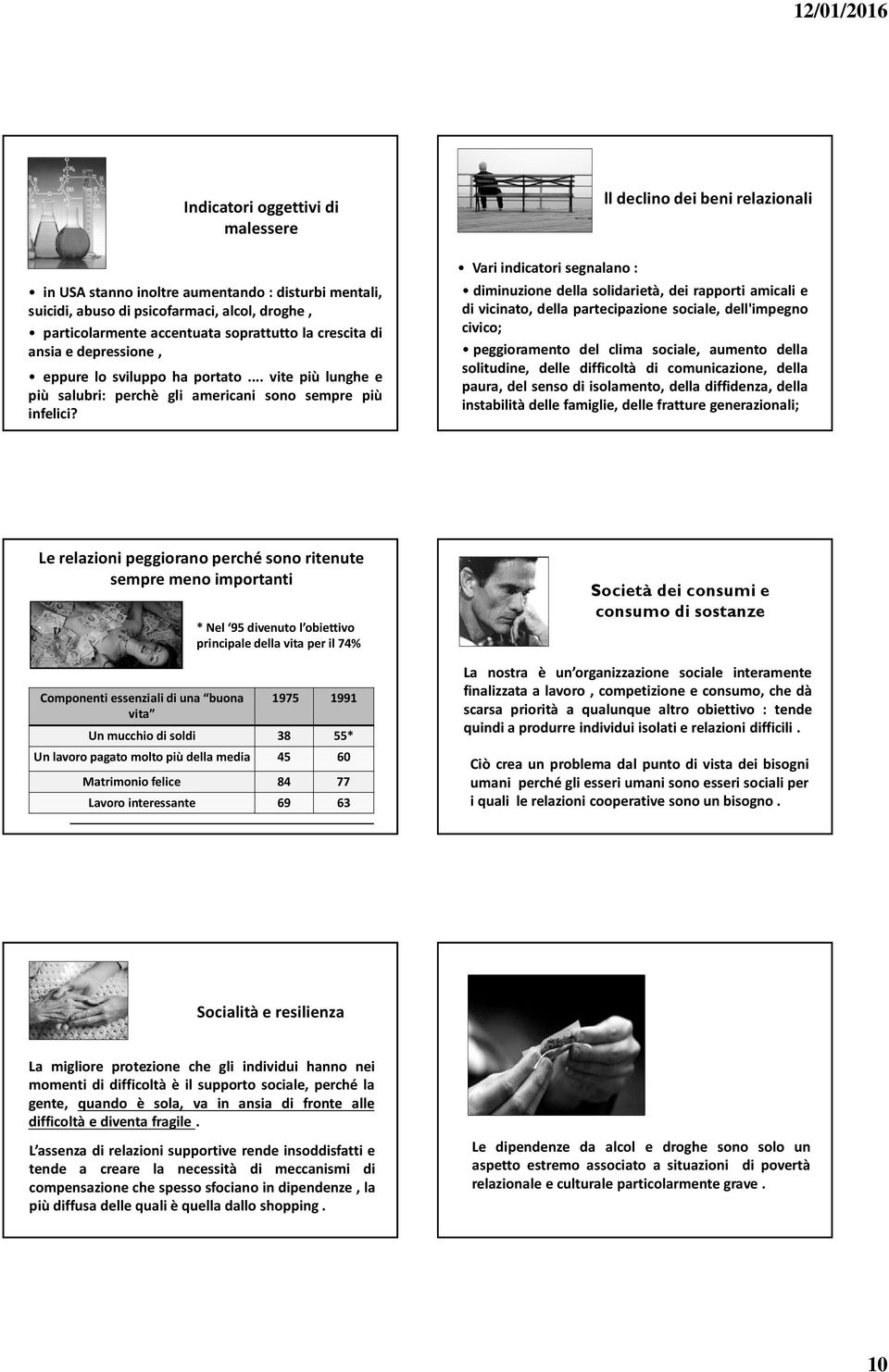 Vari indicatori segnalano: ll declino dei beni relazionali diminuzione della solidarietà, dei rapporti amicali e di vicinato, della partecipazione sociale, dell'impegno civico; peggioramento del