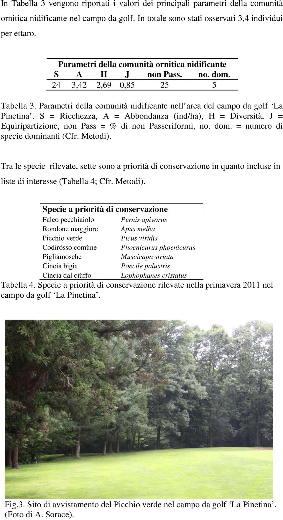 S = Ricchezza, A = Abbondanza (ind/ha), H = Diversità, J = Equiripartizione, non Pass = % di non Passeriformi, no. dom. = numero di specie dominanti (Cfr. Metodi).