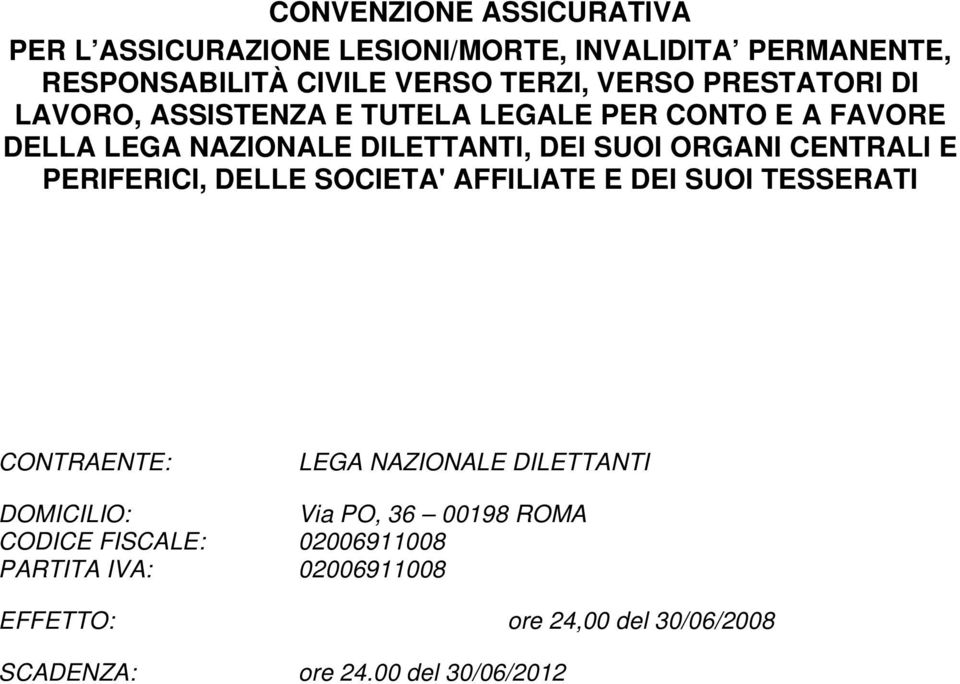 CENTRALI E PERIFERICI, DELLE SOCIETA' AFFILIATE E DEI SUOI TESSERATI CONTRAENTE: LEGA NAZIONALE DILETTANTI DOMICILIO: Via PO,