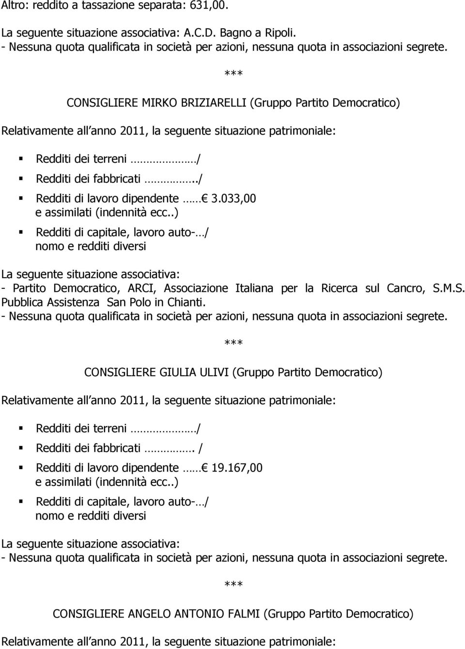 033,00 - Partito Democratico, ARCI, Associazione Italiana per la Ricerca sul Cancro, S.