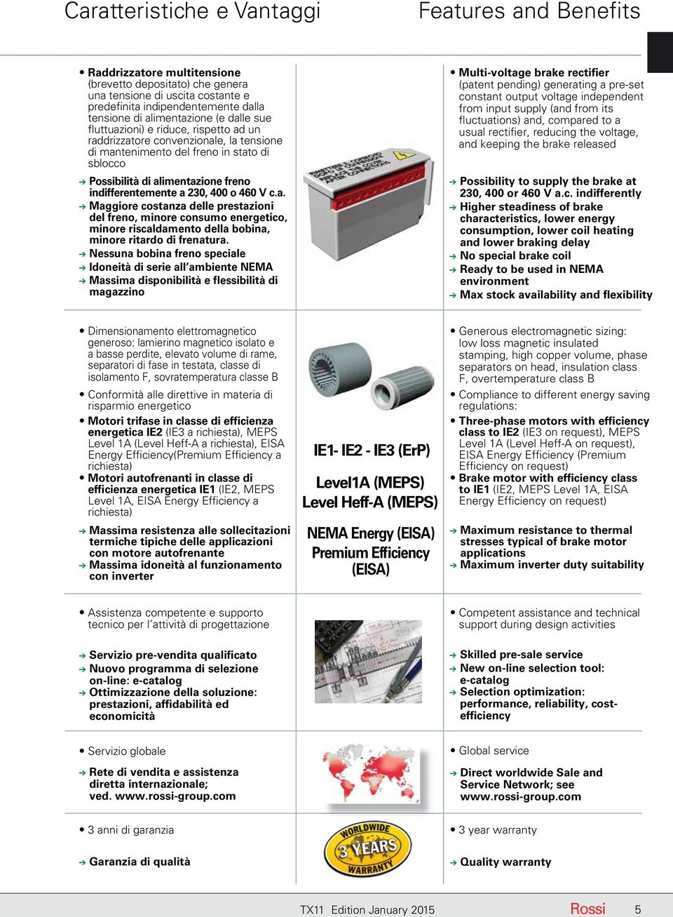 indifferentemente a 230, 400 o 460 V c.a. Maggiore costanza delle prestazioni del freno, minore consumo energetico, minore riscaldamento della bobina, minore ritardo di frenatura.