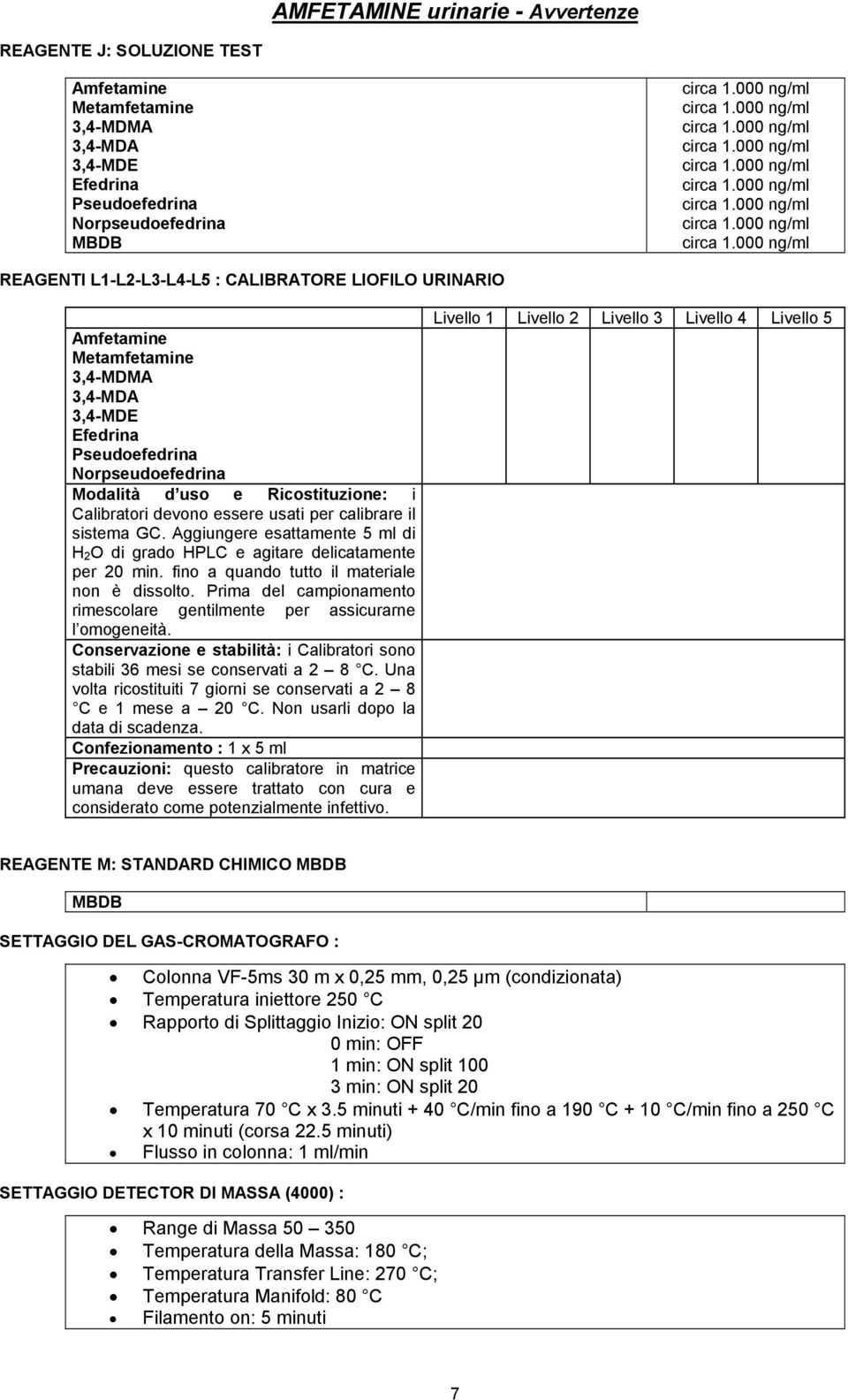 000 ng/ml REAGENTI L-L-L-L-L : CALIBRATORE LIOFILO URINARIO Amfetamine Metamfetamine,-MDMA,-MDA,-MDE Efedrina Pseudoefedrina Norpseudoefedrina Modalità d uso e Ricostituzione: i Calibratori devono