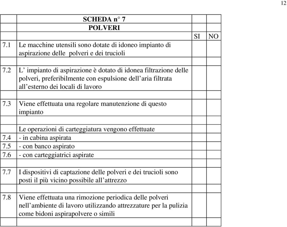 3 Viene effettuata una regolare manutenzione di questo impianto Le operazioni di carteggiatura vengono effettuate 7.4 - in cabina aspirata 7.5 - con banco aspirato 7.