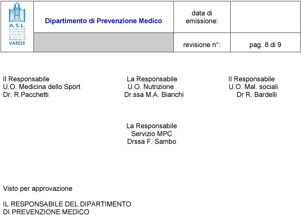 ssa M.A. Bianchi Dr R. Bardelli La Responsabile Servizio MPC Drssa F.