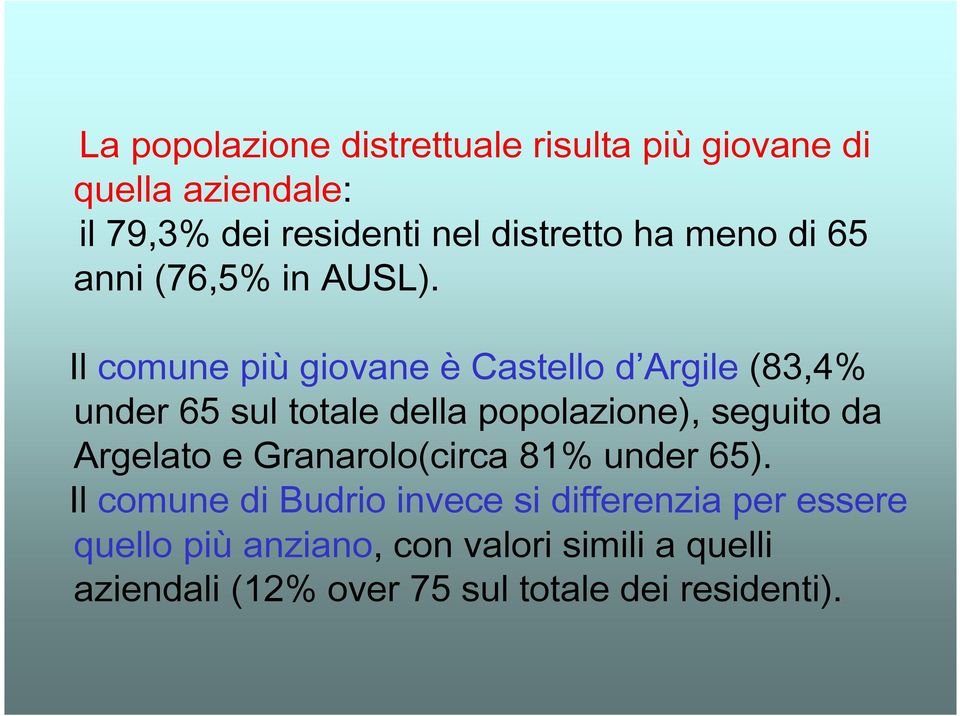 Il comune più giovane è Castello d Argile (83,4% under 65 sul totale della popolazione), seguito da Argelato