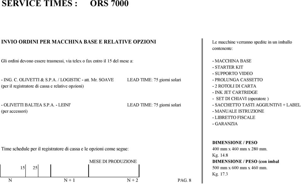 SOAVE LEAD TIME: 75 giorni solari - PROLUNGA CASSETTO (per il registratore di cassa e relative opzioni) - 2 ROTOLI DI CARTA - INK JET CARTRIDGE - SET DI CHIAVI (operatore ) - OLIVETTI BALTEA S.P.A. -