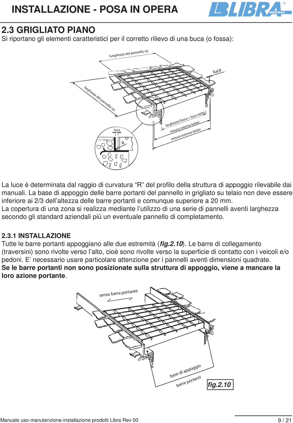 La base di appoggio delle barre portanti del pannello in grigliato su telaio non deve essere inferiore ai 2/3 dell altezza delle barre portanti e comunque superiore a 20 mm.