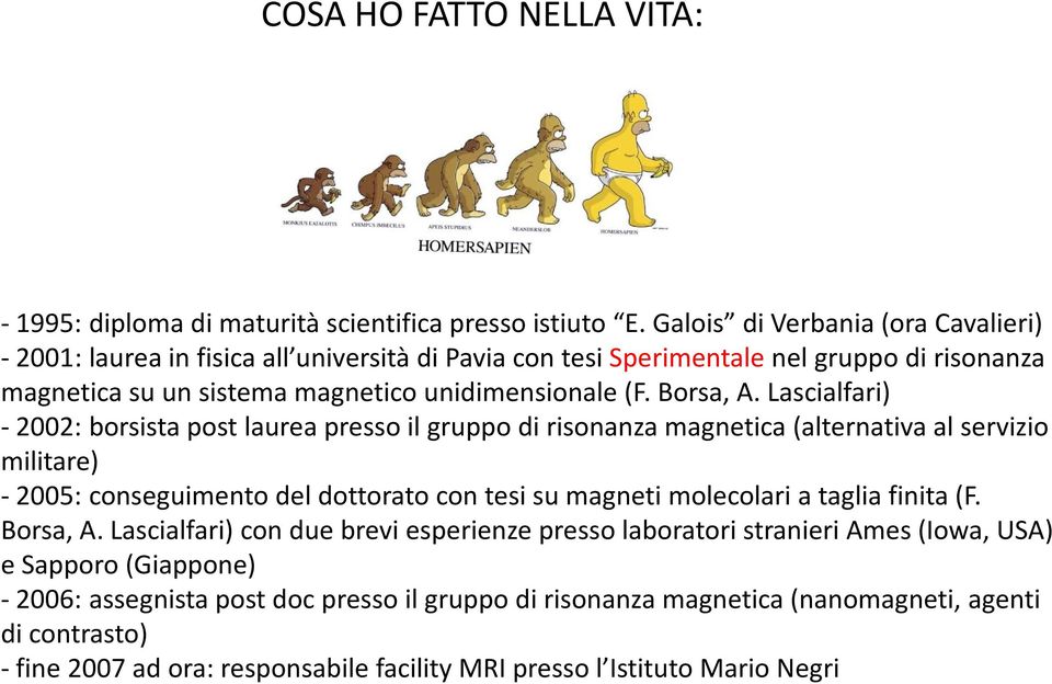 Lascialfari) -2002: borsista post laurea presso il gruppo di risonanza magnetica (alternativa al servizio militare) -2005: conseguimento del dottorato con tesi su magneti molecolari a taglia