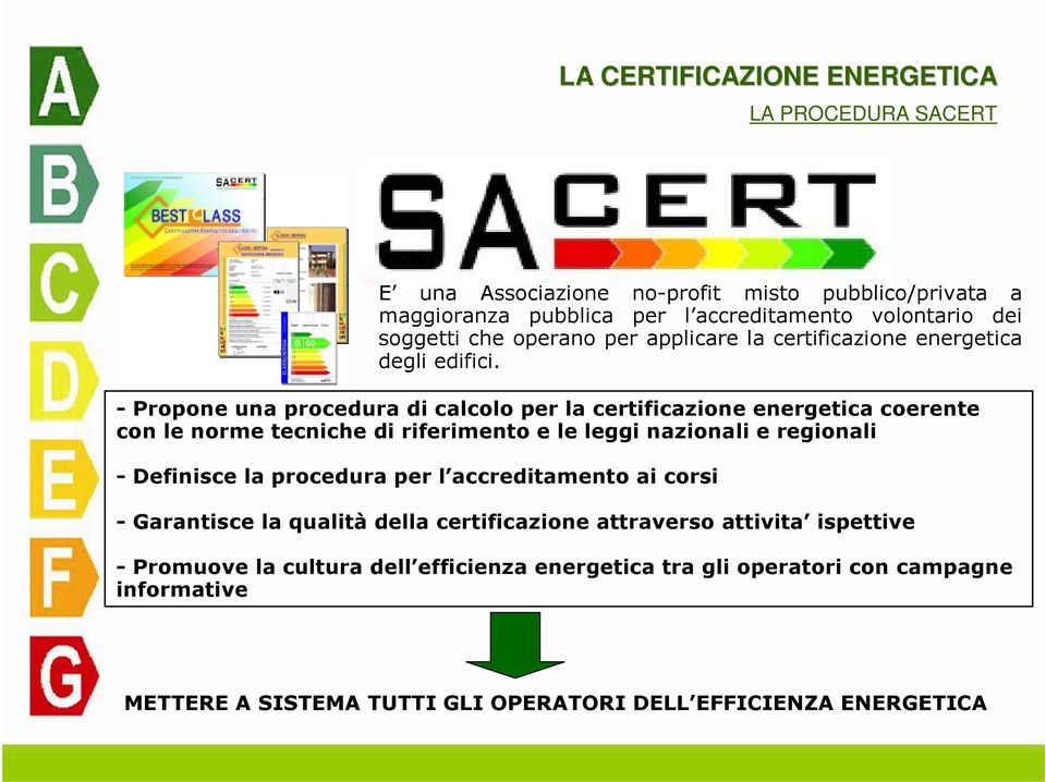 - Propone una procedura di calcolo per la certificazione energetica coerente con le norme tecniche di riferimento e le leggi nazionali e regionali - Definisce