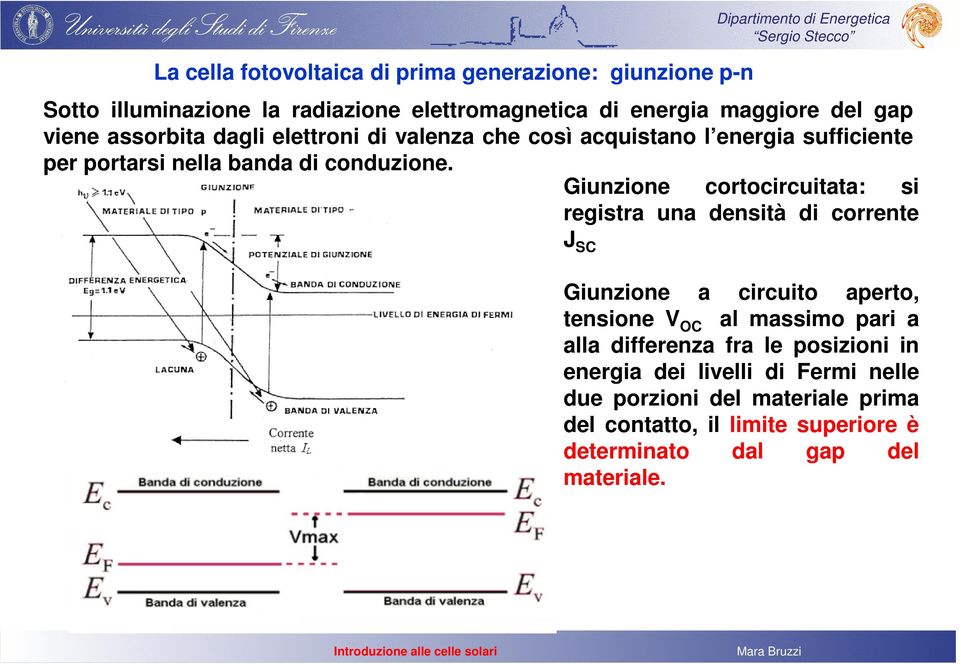 Giunzione cortocircuitata: si registra una densità di corrente J SC Giunzione a circuito aperto, tensione V OC al massimo pari a alla differenza