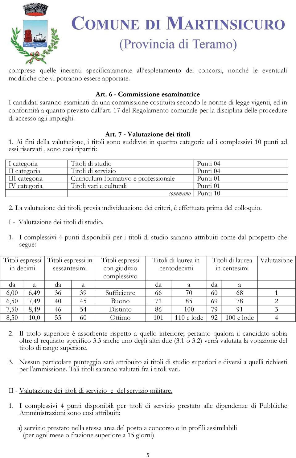 17 del Regolamento comunale per la disciplina delle procedure di accesso agli impieghi. Art. 7 - Valutazione dei titoli 1.