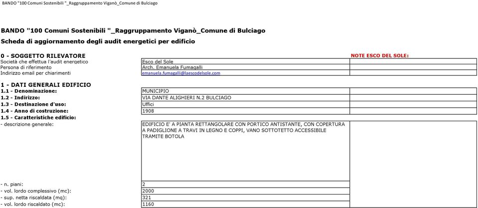 - Caratteristiche edificio: - descrizione generale: Esco del Sole Arch. Emanuela Fumagalli emanuela.fumagalli@laescodelsole.com MUNICIPIO VIA DANTE ALIGHIERI N.
