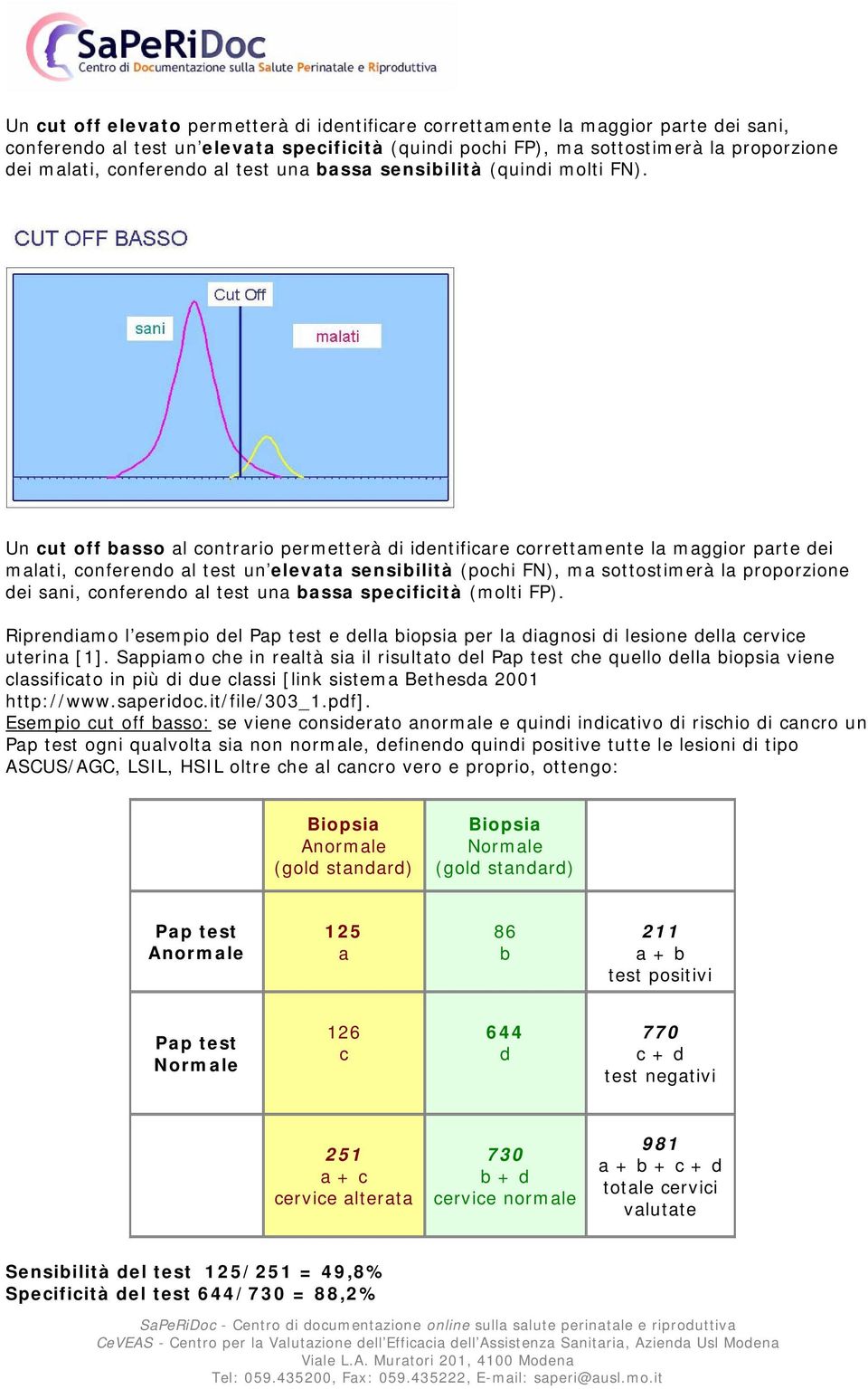 Un cut off basso al contrario permetterà di identificare correttamente la maggior parte dei malati, conferendo al test un elevata sensibilità (pochi FN), ma sottostimerà la proporzione dei sani,