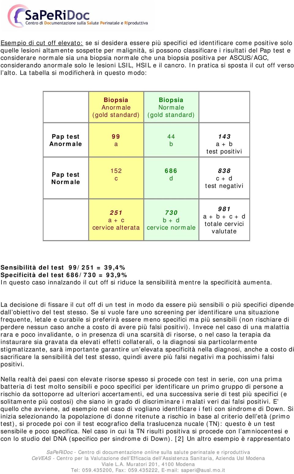 La tabella si modificherà in questo modo: 99 a 44 b 143 a + b 152 c 686 d 838 c + d 251 730 981 Sensibilità del test 99/251 = 39,4% Specificità del test 686/730 = 93,9% In questo caso innalzando il