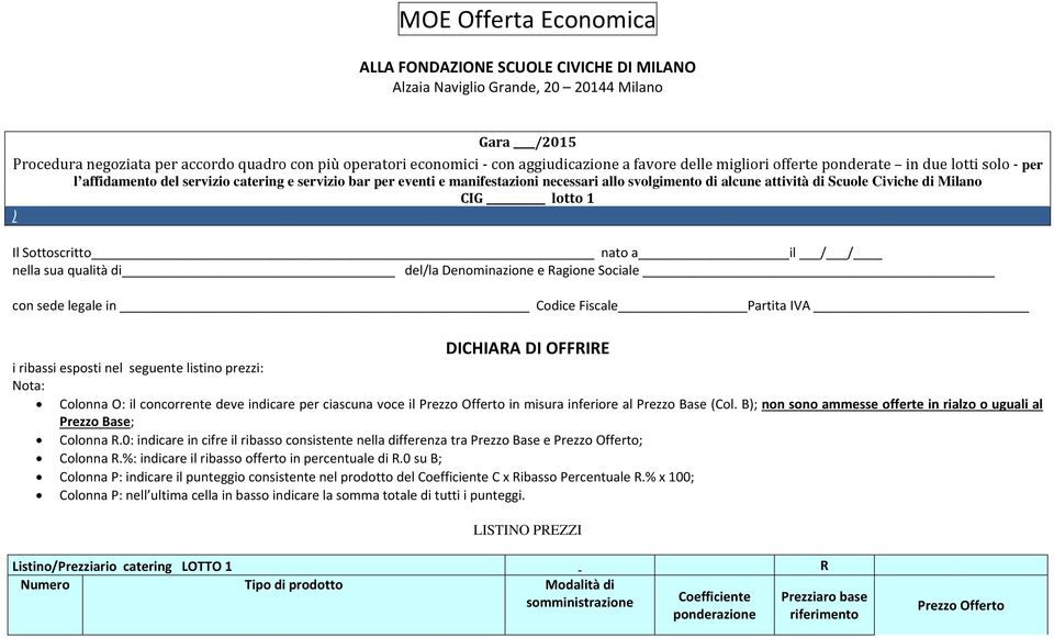 Civiche di Milano CIG lotto 1 ) Il Sottoscritto nato a il / / nella sua qualità di del/la Denominazione e Ragione Sociale con sede legale in Codice Fiscale Partita IVA DICHIARA DI OFFRIRE i ribassi