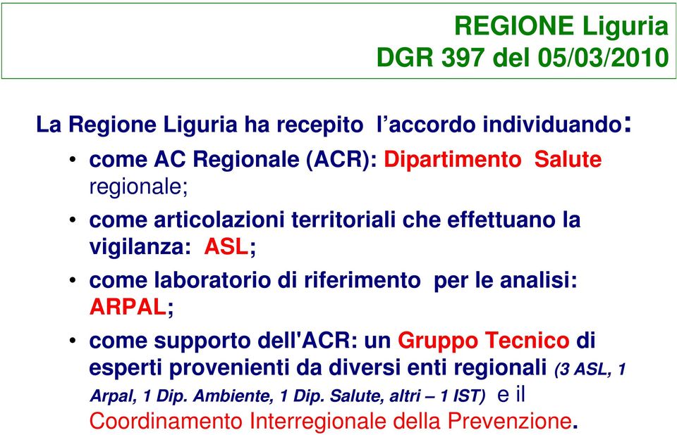 riferimento per le analisi: ARPAL; come supporto dell'acr: un Gruppo Tecnico di esperti provenienti da diversi enti