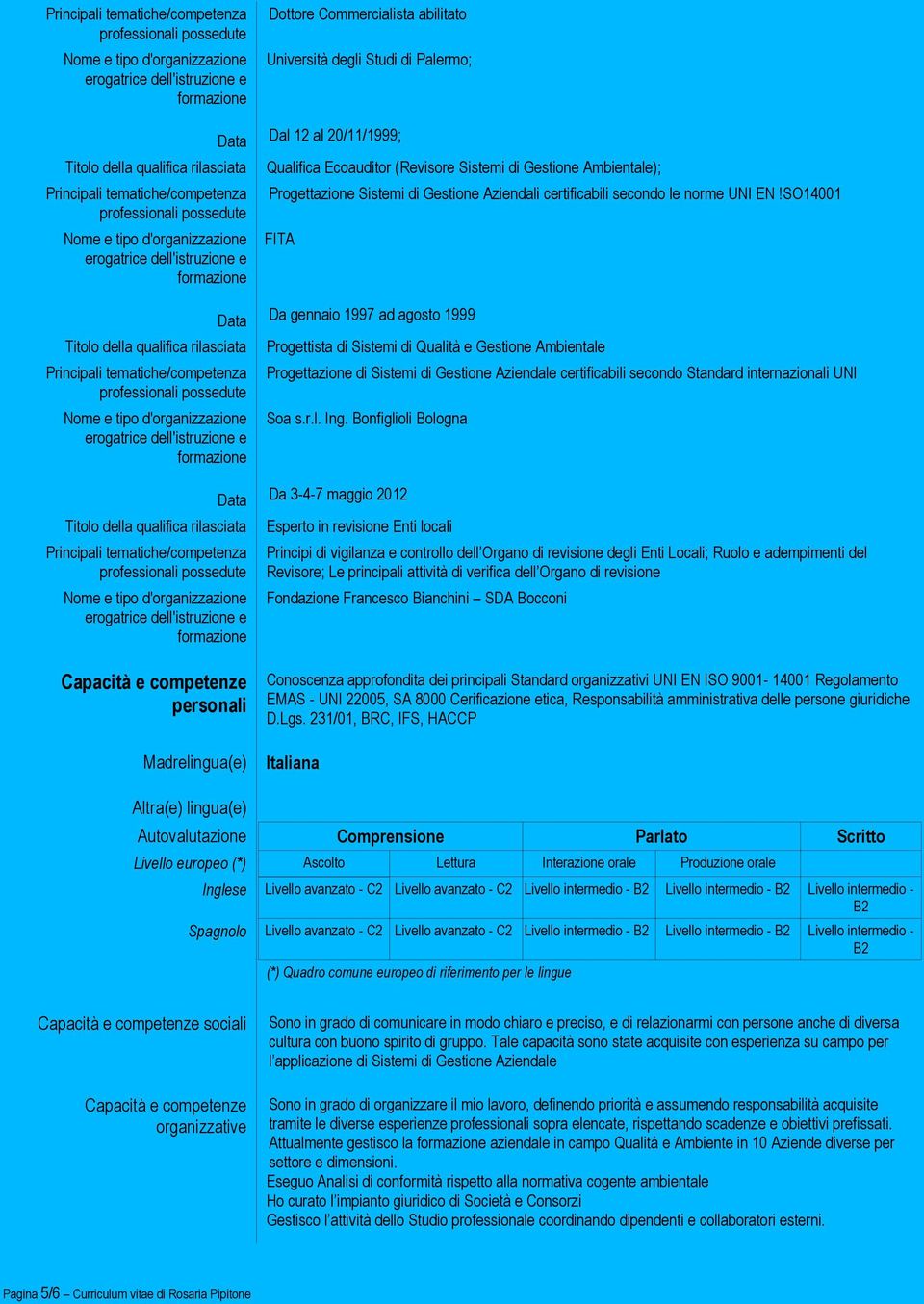 SO14001 FITA Data Da gennaio 1997 ad agosto 1999 Progettista di Sistemi di Qualità e Gestione Ambientale Progettazione di Sistemi di Gestione Aziendale certificabili secondo Standard internazionali