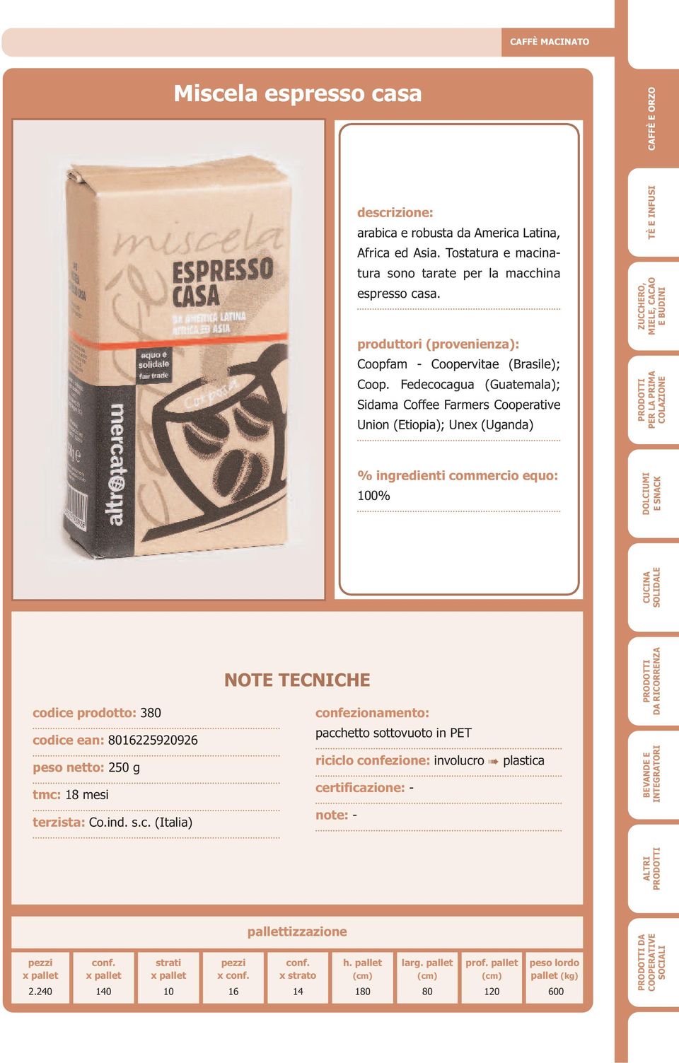 Fedecocagua(Guatemala); Sidama Coffee Farmers Cooperative Union(Etiopia); Unex(Uganda) codice prodotto: 3 codice ean: