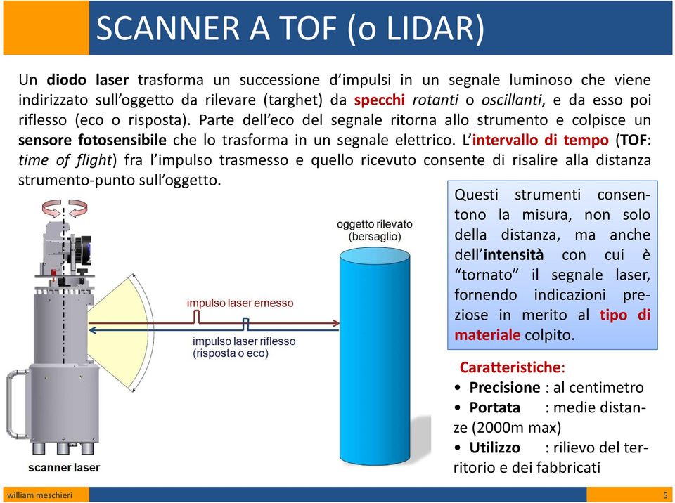 L intervallo di tempo (TOF: time of flight) fra l impulso trasmesso e quello ricevuto consente di risalire alla distanza strumento-punto sull oggetto.