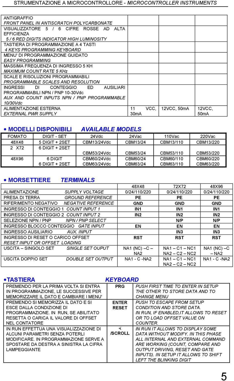 INGRESSI DI CONTEGGIO ED AUSILIARI PROGRAMMABILI NPN / PNP 1030Vdc AUX AND COUNT INPUTS NPN / PNP PROGRAMMABLE 10/30Vdc ALIMENTAZIONE ESTERNA EXTERNAL PWR SUPPLY 11 VCC, 30mA 12VCC, 50mA 12VCC, 50mA