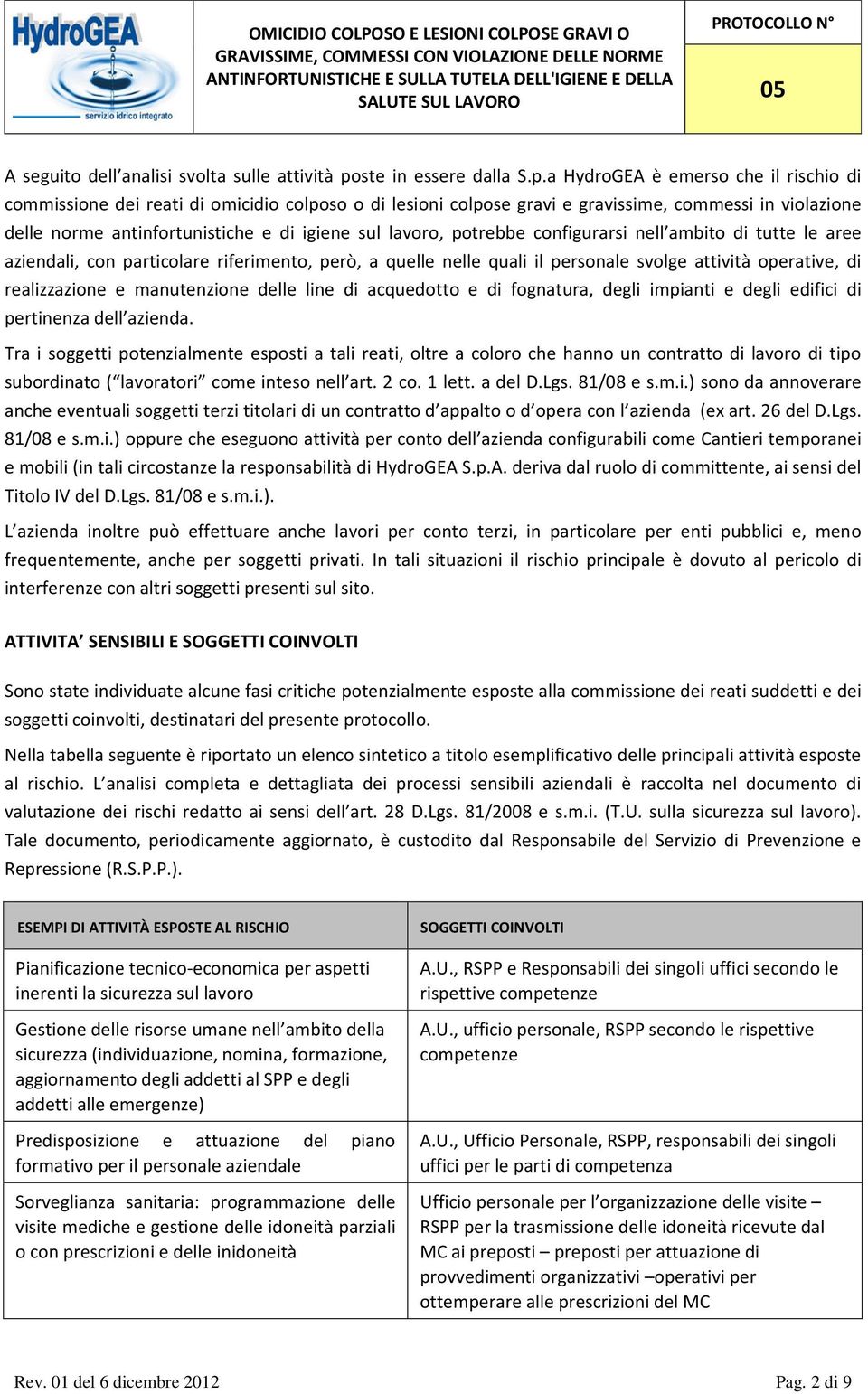 a HydroGEA è emerso che il rischio di commissione dei reati di omicidio colposo o di lesioni colpose gravi e gravissime, commessi in violazione delle norme antinfortunistiche e di igiene sul lavoro,