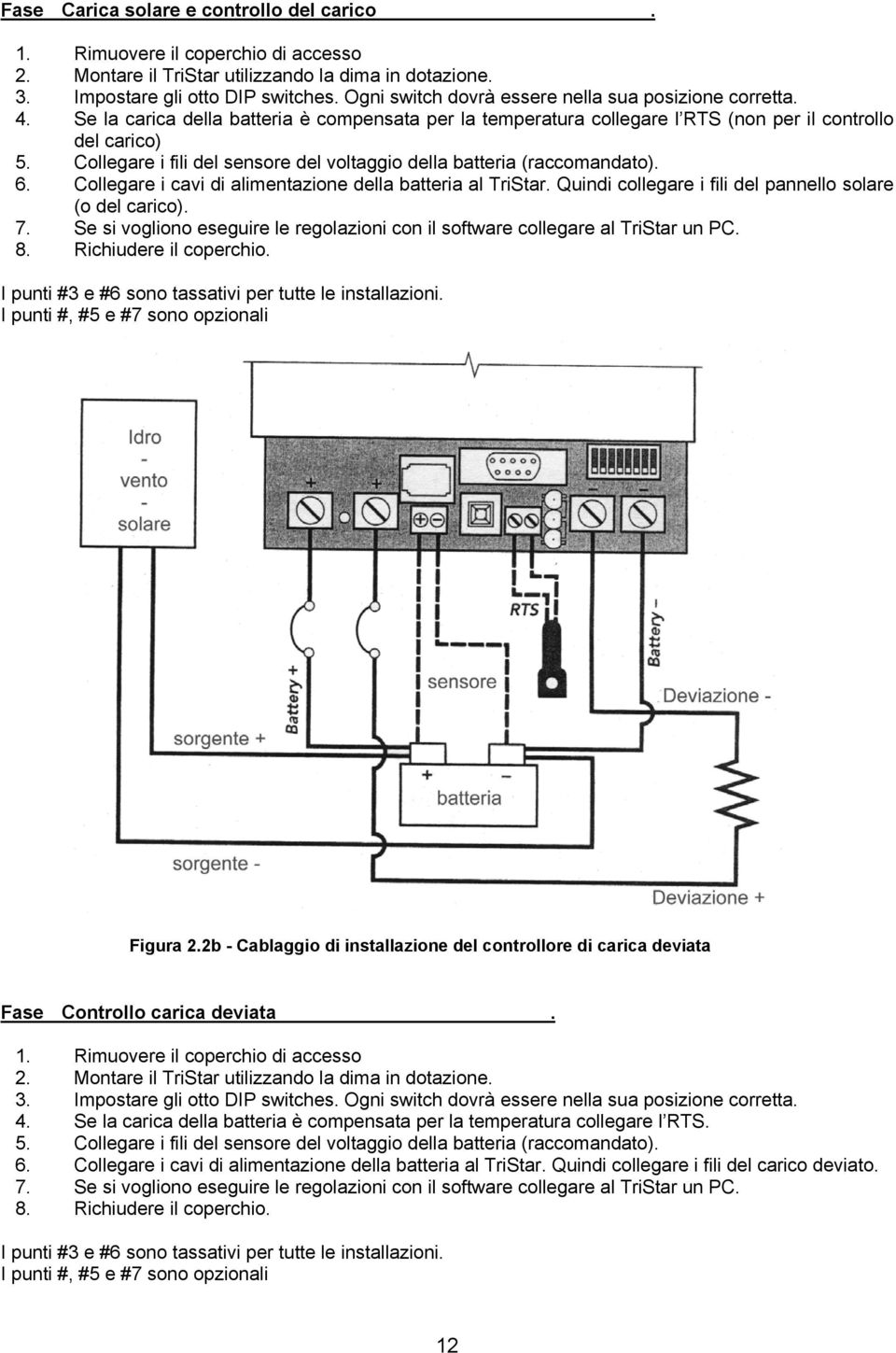 Collegare i fili del sensore del voltaggio della batteria (raccomandato). 6. Collegare i cavi di alimentazione della batteria al TriStar. Quindi collegare i fili del pannello solare (o del carico). 7.