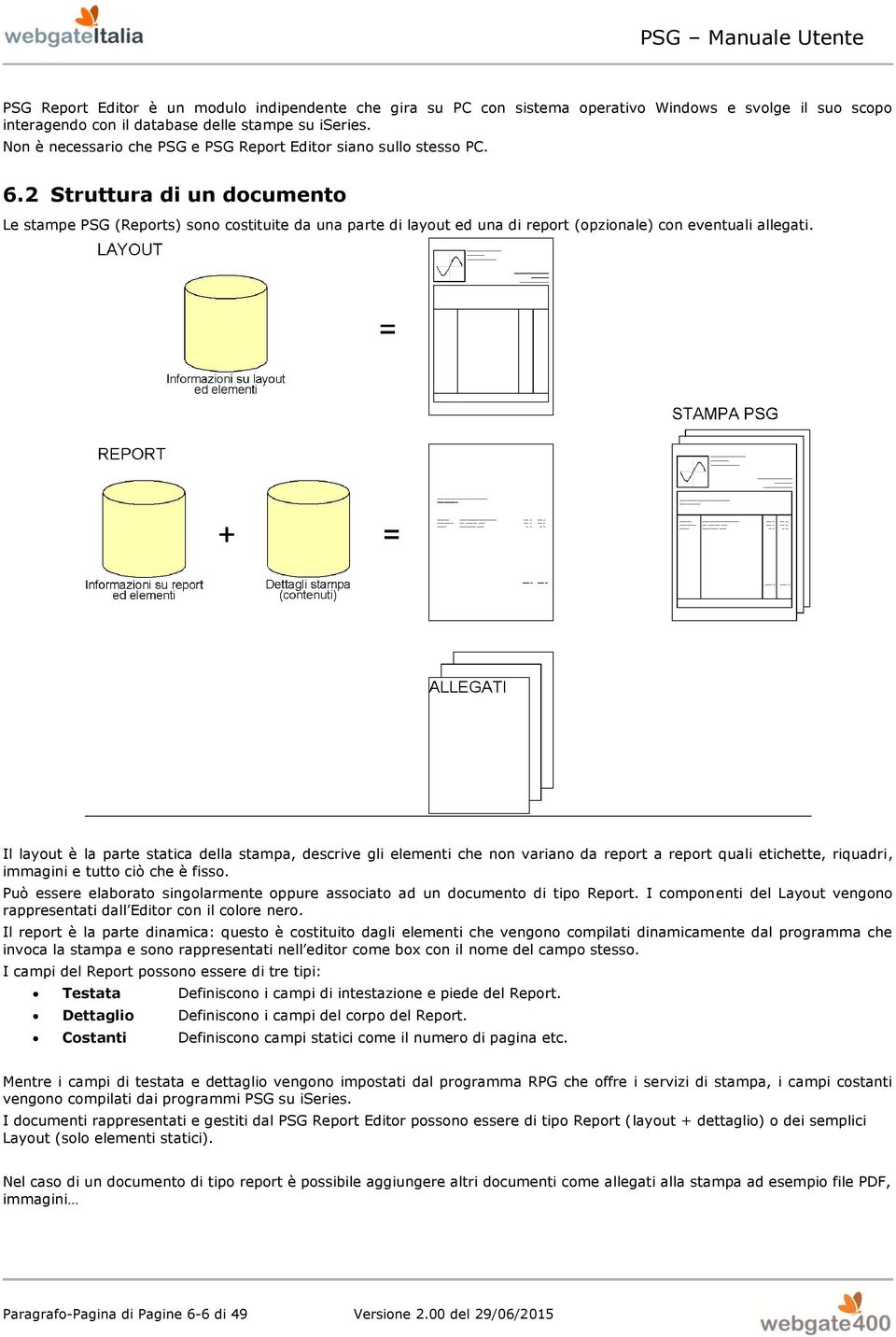 2 Struttura di un documento Le stampe PSG (Reports) sono costituite da una parte di layout ed una di report (opzionale) con eventuali allegati.