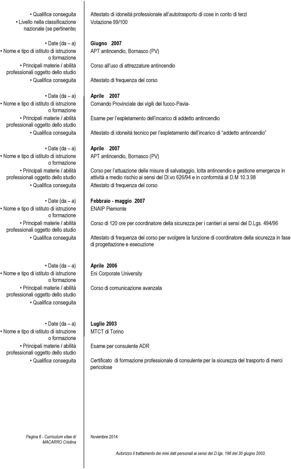 istruzione Comando Provinciale dei vigili del fuoco-paviao formazione Principali materie / abilità Esame per l espletamento dell incarico di addetto antincendio Qualifica conseguita Attestato di