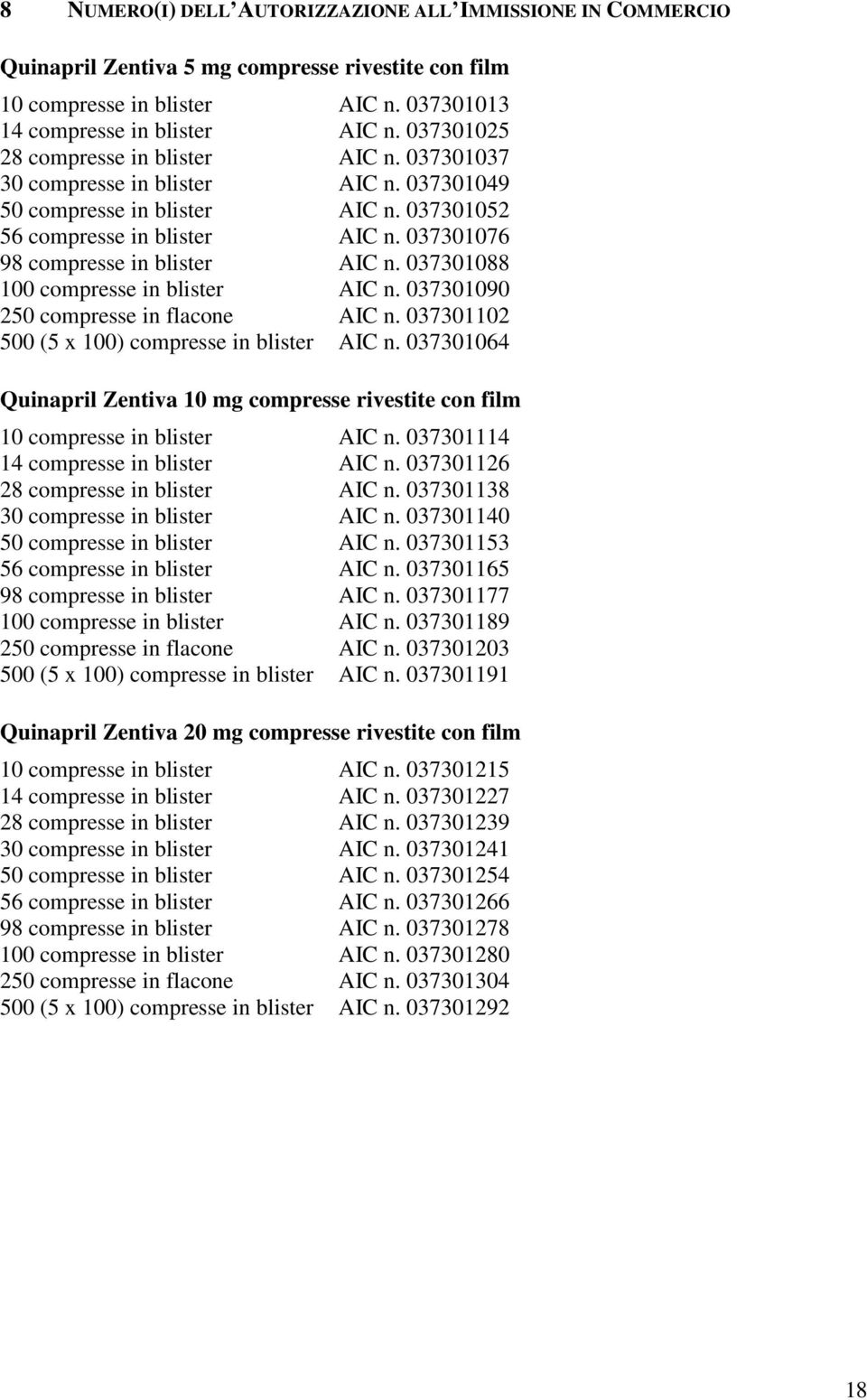 037301076 98 compresse in blister AIC n. 037301088 100 compresse in blister AIC n. 037301090 250 compresse in flacone AIC n. 037301102 500 (5 x 100) compresse in blister AIC n.