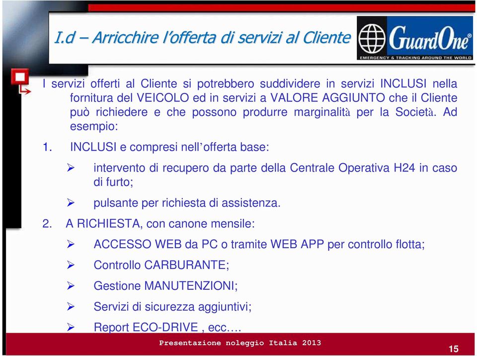 INCLUSI e compresi nell offerta base: intervento di recupero da parte della Centrale Operativa H24 in caso di furto; pulsante per richiesta di assistenza. 2.