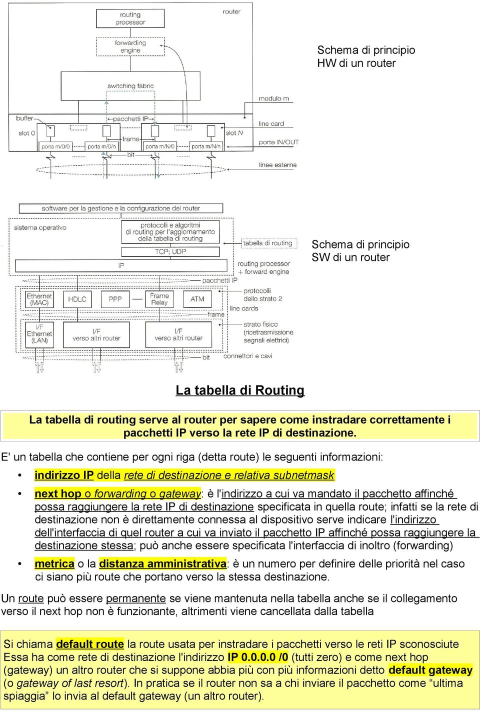 E' un tabella che contiene per ogni riga (detta route) le seguenti informazioni: indirizzo IP della rete di destinazione e relativa subnetmask next hop o forwarding o gateway: è l'indirizzo a cui va