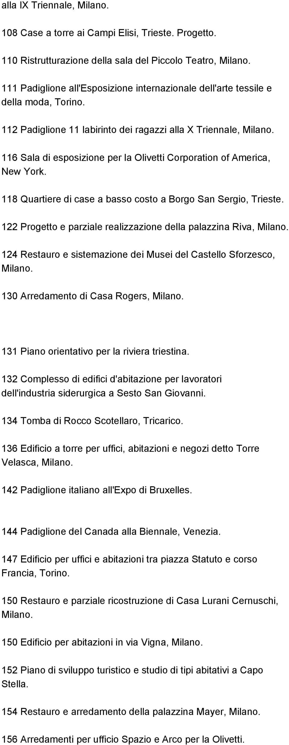 112 Padiglione 11 labirinto dei ragazzi alla X Triennale, 116 Sala di esposizione per la Olivetti Corporation of America, New York. 118 Quartiere di case a basso costo a Borgo San Sergio, Trieste.