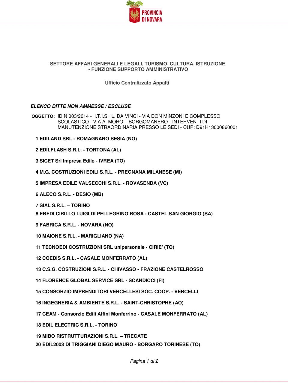 G. COSTRUZIONI EDILI S.R.L. - PREGNANA MILANESE (MI) 5 IMPRESA EDILE VALSECCHI S.R.L. - ROVASENDA (VC) 6 ALECO S.R.L. - DESIO (MB) 7 SIAL S.R.L. TORINO EREDI CIRILLO LUIGI DI PELLEGRINO ROSA - CASTEL SAN GIORGIO (SA) 9 FABRICA S.