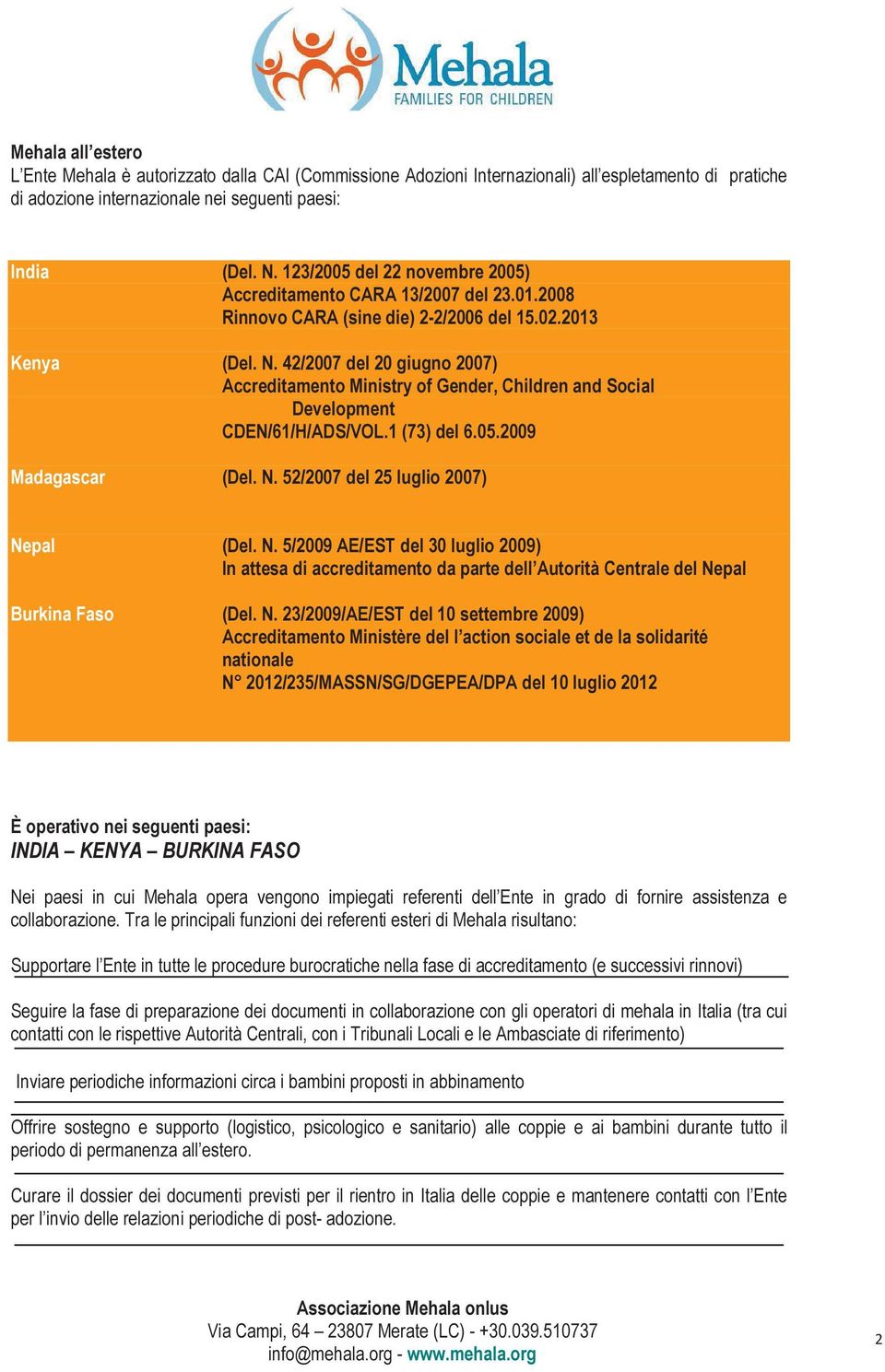 42/2007 del 20 giugno 2007) Accreditamento Ministry of Gender, Children and Social Development CDEN/61/H/ADS/VOL.1 (73) del 6.05.2009 Madagascar (Del. N.