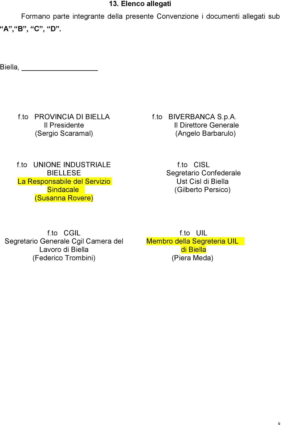 to UNIONE INDUSTRIALE BIELLESE La Responsabile del Servizio Sindacale (Susanna Rovere) f.