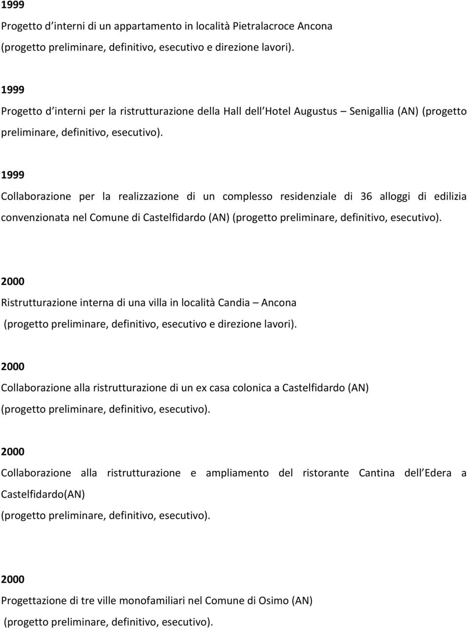 1999 Collaborazione per la realizzazione di un complesso residenziale di 36 alloggi di edilizia convenzionata nel Comune di Castelfidardo (AN) Ristrutturazione interna di una villa in località Candia