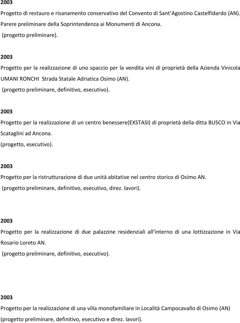 2003 Progetto per la realizzazione di un centro benessere(exstasi) di proprietà della ditta BUSCO in Via Scataglini ad Ancona. (progetto, esecutivo).