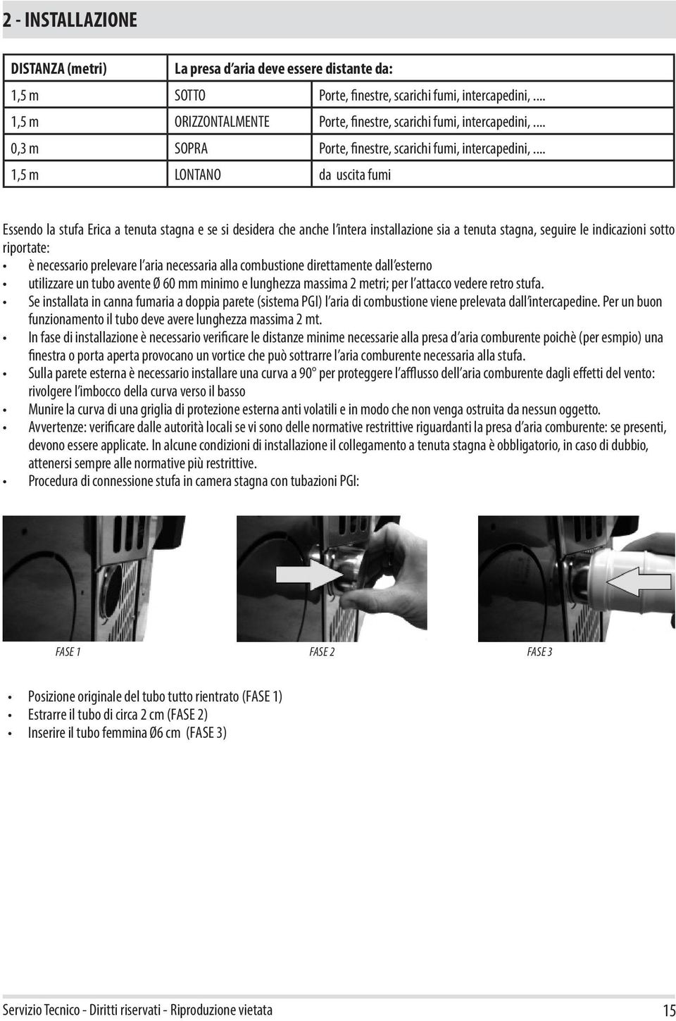 .. 1,5 m LONTANO da uscita fumi Essendo la stufa Erica a tenuta stagna e se si desidera che anche l intera installazione sia a tenuta stagna, seguire le indicazioni sotto riportate: è necessario