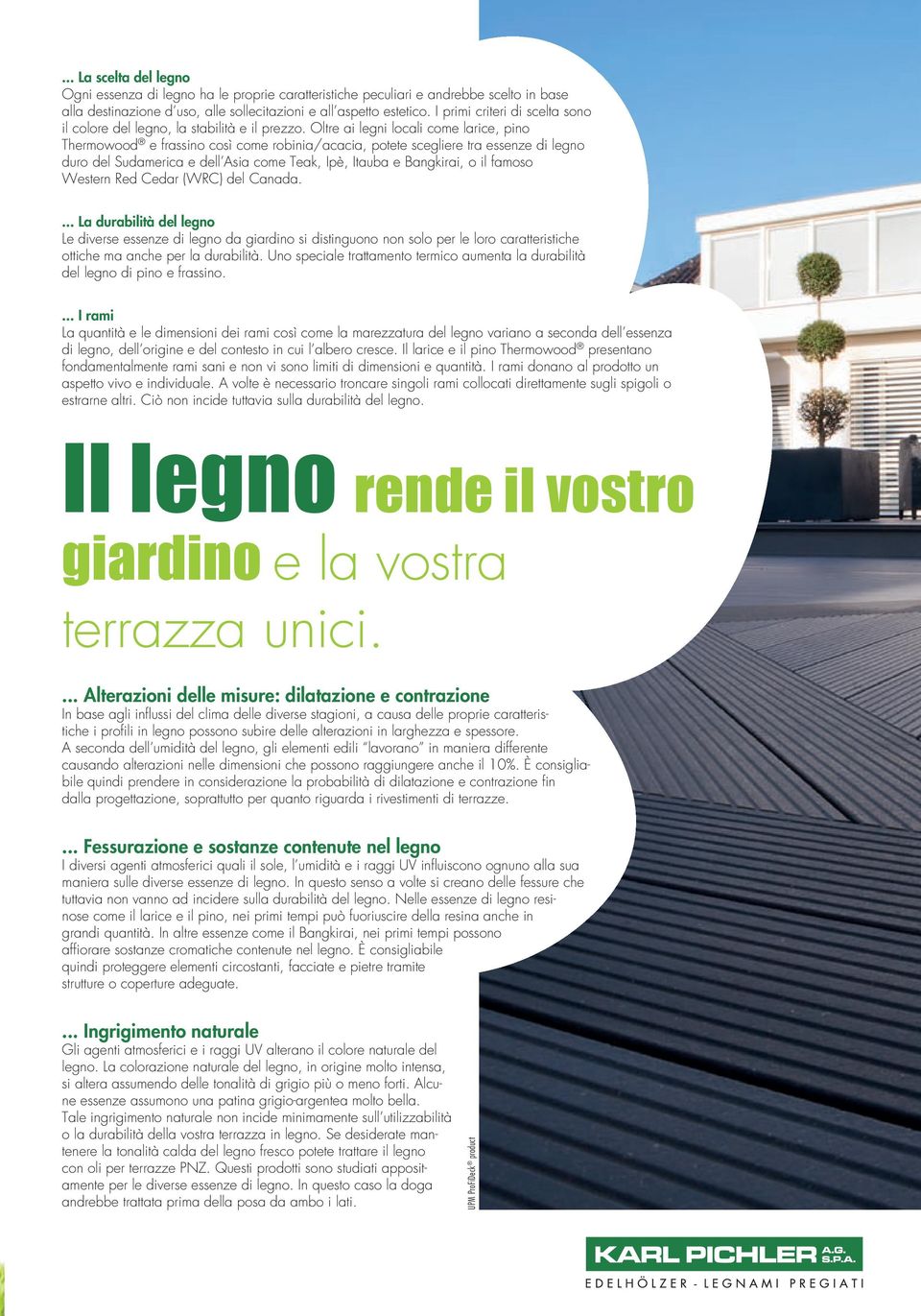 Oltre ai legni locali come larice, pino Thermowood e frassino così come robinia/acacia, potete scegliere tra essenze di legno duro del Sudamerica e dell Asia come, Ipè, e, o il famoso Western Red